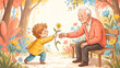 © Inna - Little boy giving a yellow flower to his grandfather sitting on a bench in a sunny autumn park, heartwarming family moment illustration copy space