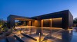 © Olga Ко - Modern luxury house exterior at twilight featuring a dark double garage, a large illuminated carport canopy, and an empty wet concrete driveway with reflections. Contemporary real estate