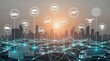 © NoLimitStudio - Logistics supply chain smart city global trade transportation network shipping with futuristic digital data mesh over city skyline at sunset illustrating smart distribution and connectivity.