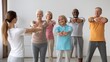 © Prostock-studio - Smiling Elderly Caucasian Group Of Six Adults Engaging In Stretching Exercises Led By Instructor, In Bright Indoor Space. Enjoying Healthy Activity Together, Fostering Fitness And Wellbeing Concept.