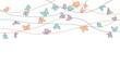© CRAVORA VISUAL - Vector illustration of stylized orange, purple and teal butterflies resting on thin curved lines and strings, set against a white background with large copy space.