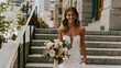 © rabbit75_fot - Paris France Europe lifestyle. A portrait of a woman in a white strapless wedding gown, standing on a stone staircase. She holds a bouquet of pink and white flowers. Her long.