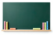 © Anna Jvis - Chalk and chalkboard for kids learning, blank blackboard with colorful chalk sticks, education concept for school, preschool and kindergarten, writing practice, classroom setup, isolated on clean back