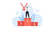 © Nara - Businessperson celebrating victory on podium with medal, illustration of success, achievement, and leadership