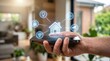 © PRIYA - Smart Home Integration: A hand holding a smartphone displays a futuristic interface connecting to a smart home system, illustrating seamless control over various household functions.