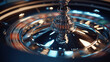 © SUCCESS HOLDINGS - Spinning roulette wheel close view with chrome spindle colored pockets motion blur casino gaming risk luck entertainment nightlife betting strategy luxury chance concept suspense fortune