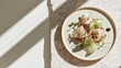 © Ryzhkov - Gourmet fish crudo appetite starter with cucumber ribbons and microgreens on a ceramic plate, with ample copy space for fine-dining menu layouts