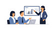 © Ahmad - A professional business presentation featuring a woman pointing at a bar chart on a screen while two colleagues observe attentively at a desk.