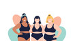 © Rahat - Group of confident plus-size women in black swimwear standing together in a body positive fashion illustration.