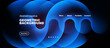 © antishock - Abstract blue shapes overlap black background. Text includes work, about, portfolio, contact, read more. Modern design elements present.