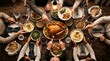 © Hura - Top view of family sharing a roast turkey dinner together