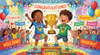 © creativesabbir - ute children winning gold trophy celebration, colorful cartoon boy and girl with medals, congratulations champions podium vector illustration