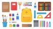 © 3DStockX - Colorful school supplies collection with yellow backpack, art materials for students, stationery set for education and creative learning