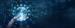 © NexPix - Excellent consumer support operations require highly responsive communication channels. A support agent touch a data flow on global network Customer Service to resolve technical client issues.