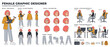 © Ahmed - Graphic designer female character constructor kit vector with studio desk scenes, sitting poses, face variants, hand gestures and props for creative animation