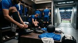 Professional soccer players preparing in the locker room before a match in a stadium