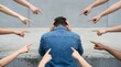 © Pixels Stock - Sad man sitting alone on stairs, head in hands, surrounded by pointing fingers, feeling isolated, facing judgment, public shame, emotional distress, depression, social exclusion.