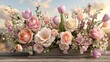 © cgrtart - Abundant arrangement of pastel spring blossoms sits atop weathered wooden planks beneath a bright sky