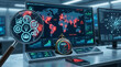 © Mirivox - Digital display of global threat assessment with world map alerts, data charts, risk meter, and magnifying glass analysis, symbolizing security and data monitoring
