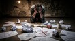 © Georgina - Overwhelmed man holding head amidst crumpled papers and sketches