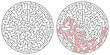 © Pavel - Complex circular maze puzzle with solution, difficult round labyrinth vector illustration for adult activity book, intelligence test and brain training