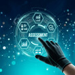 © Mirivox - Hand interacts with glowing digital interface showing 'ASSESSMENT' and various analytics icons, symbolizing data evaluation and business strategy on a dark blue background