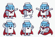 © Md - Set of cute anthropomorphic milk carton characters in red capes acting like superheroes with strong and helpful poses.