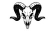 © mahmuda428 - Ram Skull Illustration: A striking black and white illustration of a ram's skull, featuring large, curved horns and hollow eye sockets, presented against a stark background.