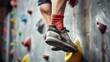 © TensorSpark - Close-up of a climber foot on indoor bouldering hold, showing shoe, sock, foothold and textured wall, concept, balance, grip and technique in climbing.