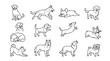 © Faizan - 愛らしい犬のイラストセット、様々な犬種とポーズのベクターコレクション。ペットショップ、動物病院、ドッグカフェのロゴやアイコンに最適な、白黒の線画デザイン。
