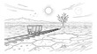 © Kuch_Bhi - Desert landscape line art vector, arid cracked earth with a lone mining cart on railway tracks, minimalist black and white illustration for environmental themes and resource extraction.