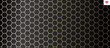 © marina_ua - Carbon hexagon mesh with honeycomb pattern. Fiber geometric texture with golden metal lace for science backgrounds, sporty, nano technology and futuristic designs. Vector illustration on black bg