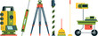 © Kamrun82 - Surveying and measuring equipment including total station, tripod, level, and cart for land survey.