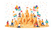 © Ajm - Building the Future in Sand: A vibrant scene of people constructing a giant sandcastle shaped into the numbers 2027, adorned with festive balloons and confetti.
