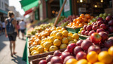 colorful display of fresh fruits in baskets at a marketplace with people in the background shopping for healthy food