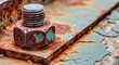 © Chanchai - A macro shot showcasing a heavily weathered and oxidized metal bolt and nut assembly attached to a textured, decaying industrial surface, damaged, oxidation, pattern