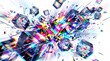 © Iwan.creates - Abstract 3d geometric cubes background with colorful glitch effect and neon light explosion on white background