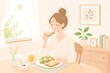 © Pastel Life Art - 朝食を食べる若い女性のライフスタイルイラスト
