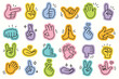 © ApexStock Studio66 - Mega set of hand drawn vector illustration in hand drawn doodle style, colorful mascot character hands showing positive gestures, cartoon sticker pack with thumbs up, peace sign and more