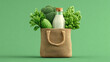 © Sabana - Bottle of milk in a grocery bag with fresh broccoli and cucumber broccoli cucumber