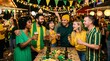 © Danyllo - Diverse group of friends celebrating and drinking beer at a lively outdoor night party with Brazilian flags and decorations