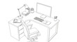 © pria - Isometric line art drawing of a contemporary home office workspace setup with computer, ergonomic chair, and desk accessories.