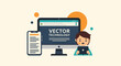 © jaki - A cartoon man sits beside a computer and phone with vector technology on screen