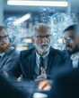 © Justlight - A tense tech boardroom with a middle-aged executive speaking to a small team, translucent AI circuitry graphics floating nearby. Serious mood, cool overhead lighting, wide table composition.