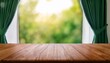 © Steve - selective focus empty of wood table top on blur of curtain window and abstract green from garden with sunlight for montage product display or design key visual layout