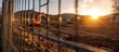 © AR - Construction site at sunset with excavator behind a wire fence and mountains in the background
