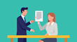 © Hasan - Business professional presenting a document to a colleague at a desk, flat vector illustration of office communication and collaboration