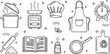© vector design  - Kitchen cooking utensils line art vector icon set with chef hat apron recipe book scale pot and timer
