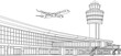 © Graphicslover - Architectural sketch of an airport terminal and control tower with a flying airplane