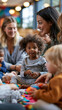 © Kateryna - Wide shot of a circle of mothers and young children seated on colorful floor mats in a bright community hall adults and toddlers engaged in a playful group activity together